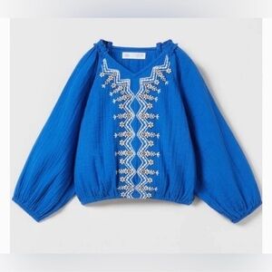 Zara Royal Blue Blouse with White Embroidery